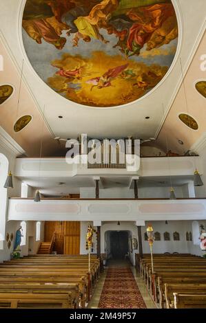Galerie d'orgue et fresques de plafond, église de Saint Martin, Missen-Wilhams, Allgaeu, Bavière, Allemagne Banque D'Images
