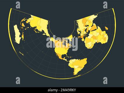 Carte du monde. Projection conique de surface égale Albers. Illustration futuriste pour votre infographie. Couleurs de campagne jaune vif. Vecteur artistique illus Illustration de Vecteur