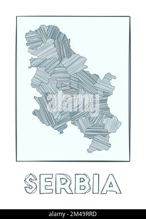 Carte de la Serbie. Carte du pays en échelle de gris dessinée à la main. Zones remplies avec des bandes de haches. Illustration vectorielle. Illustration de Vecteur