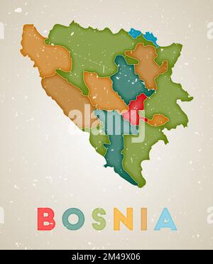 Carte de Bosnie. Affiche pays avec régions de couleur. Ancienne texture de grunge. Illustration vectorielle de la Bosnie avec le nom du pays. Illustration de Vecteur