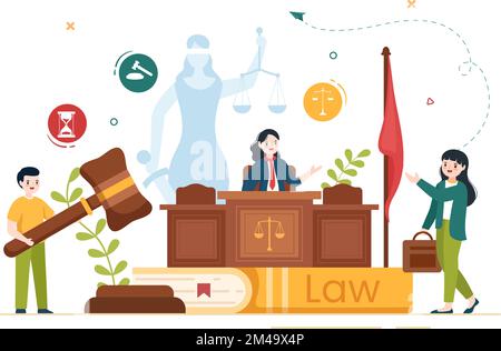 Cabinet d'avocats Services avec la justice, les conseils juridiques, le jugement et l'avocat Consultant en dessin animé à plat affiche gabarits dessinés à la main Illustration Illustration de Vecteur