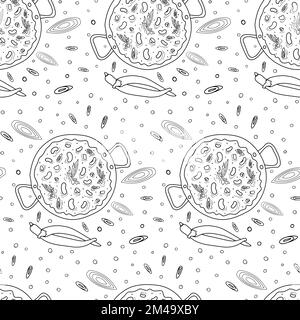 Motif sans fin avec Chili con carne dans un grand pot sans poignée. Cuisine latino-américaine traditionnelle. Arrière-plan. Texture. Isoler. Idéal pour poster, menu, brochure ou invitation, papier peint ou étiquette. EPS Illustration de Vecteur