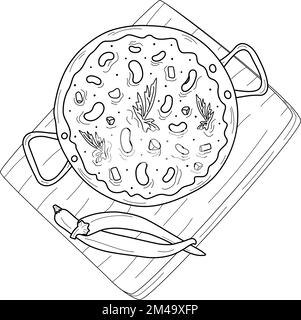 Dessin schématique Chili con carne avec piment sur une surface en bois . Un plat traditionnel de cuisine mexicaine. Cuisine latino-américaine. Isoler. Idéal pour les affiches, les menus, les brochures, les invitations ou les étiquettes. EPS Illustration de Vecteur