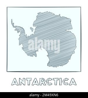 Croquis carte de l'Antarctique. Carte dessinée à la main en niveaux de gris du continent. Zones remplies de rayures hachurées. Illustration vectorielle. Illustration de Vecteur