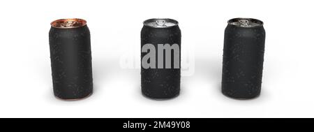 Des canettes de bière artisanale réalistes, des canettes de soda sur blanc avec des gouttelettes d'eau sur la surface, 3D rendent l'illustration Banque D'Images