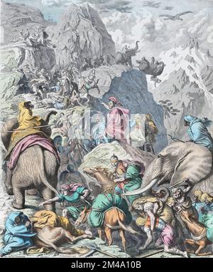 Tunisie / Italie : l'armée d'Hannibal traverse les Alpes pendant la seconde guerre punique (218-201 BCE). Imprimé bois par Heinrich Leutemann (1824-1905), 1866. La seconde guerre punique (218 BCE - 201 BCE) est surtout commémorée pour le passage des Alpes par Hannibal de Carthaginois. Lui et son armée ont envahi l'Italie du nord et ont vaincu l'armée romaine dans plusieurs batailles, mais n'ont jamais atteint l'objectif ultime de provoquer une rupture politique entre Rome et ses alliés. Tout en luttant contre Hannibal en Italie, en Hispanie et en Sicile, Rome a également combattu simultanément contre la Macédonie dans la première guerre macédonienne. Banque D'Images