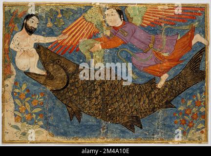Iran / Perse: Jonas sauvé du ventre de la baleine, aidé par un ange. Folio tiré d'une copie du Jami al-tawarikh (Compendium des chroniques) de Rashid al-DIN Hamadani (1247-1318), c. 1400. Jonas est le nom donné dans la Bible hébraïque (Tanakh/ancien Testament) à un prophète du royaume nord d'Israël dans environ le 8th siècle avant notre ère, le caractère central éponyme dans le Livre de Jonas, célèbre pour avoir été avalé par un poisson ou une baleine, selon la traduction. L'histoire biblique de Jonas est répétée dans le Coran, où Jonas est identifié comme Yunus ou Yunan. Banque D'Images