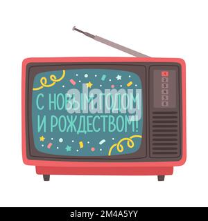 Bonne année et Joyeux Noël en russe, vieux téléviseur avec vecteur lettrage Illustration de Vecteur