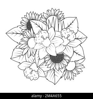 tournesol et jonquille fleur contour vecteur de style doodle art coloriage page design Illustration de Vecteur