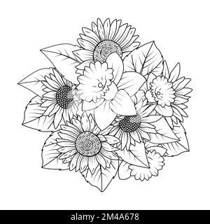 tournesol et jonquille fleur contour vecteur de style doodle art coloriage page design Illustration de Vecteur