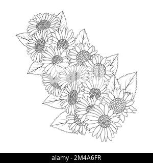 tournesol coloriage page dessin au crayon de la conception de vecteur et fleur en fleur de la conception de doodle style de l'art de ligne Illustration de Vecteur