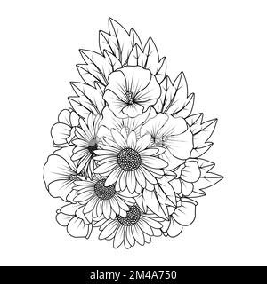 tournesol et fleur hollyhock doodle art coloriage page avec décoration fleur fond dessin illustration Illustration de Vecteur