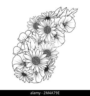 motif d'art en forme de doodle zen de fleurs de marguerite et de hollyhock dans un motif vectoriel de clip art détaillé Illustration de Vecteur