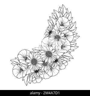 motif d'art en forme de doodle zen de fleurs de marguerite et de hollyhock dans un motif vectoriel de clip art détaillé Illustration de Vecteur