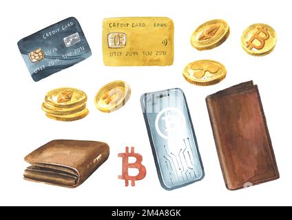 Ensemble d'éléments de crypto-monnaie. Illustration aquarelle dessinée à la main isolée sur fond blanc Banque D'Images