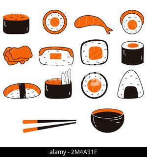Sushi à la sauce soja, au gingembre, au wasabi et aux baguettes en forme de nouilles. Illustration dessinée à la main de la cuisine traditionnelle japonaise Illustration de Vecteur