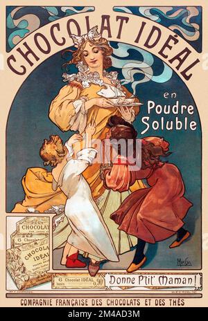 Chocolat Idéal. En poudre soluble. Ne p'titt' Maman Compagnie française des chocolat et des thés par Alphonse Mucha (1860-1939). Affiche publiée en 1897 en France. Banque D'Images