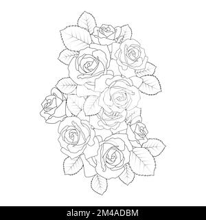 red roses fleur coloriage page ligne dessin avec illustration décorative anti stress Illustration de Vecteur