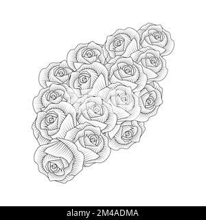 red roses fleur coloriage page ligne dessin avec illustration décorative anti stress Illustration de Vecteur