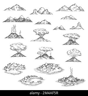 Montagnes de l'île et volcan esquisse, vecteur carte du Trésor éléments de paysage . Éruption volcanique de lave à la mer ou à la plage de l'océan, esquisse de la baie de crique tropicale avec des montagnes volcaniques sur la côte de l'île Illustration de Vecteur