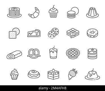 Icônes de la ligne des desserts. Pictogrammes ou symboles de pâtisserie sucrée, strudel et croissant, muffin, cheesecake et biscuits, pudding, gâteau, gaufres et beignet, bretzel, tarte aux pommes, pain Illustration de Vecteur