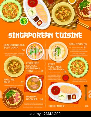 Menu de cuisine singapourienne, cuisine asiatique de Singapour, riz vectoriel, poulet et soupe plat de nouilles. Cuisine singapourienne wontons traditionnels ou boulettes authentiques avec laksa de fruits de mer, légumes et viande de porc Illustration de Vecteur