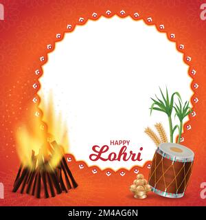 Fond carré traditionnel Happy Lohri. Dhol, bambou, récolte et ladoo. Modèle de cadre réaliste Festival Punjabi illustration vectorielle. Texte Illustration de Vecteur