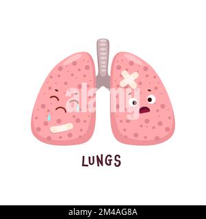 Poumons maladie corps organe caractère. Personne d'organe blessée et malsaine. Lésions corporelles humaines, physiologie ou problème médical, système respiratoire malade et pleurs poumons caricature d'organe avec patch Illustration de Vecteur