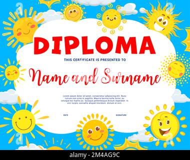 Diplôme pour enfants. Personnages de dessin animé. Certificat de remise des diplômes pour enfants ou prix du gagnant du concours pour enfants ou diplôme de vecteur de réussite scolaire avec soleil chaud et visages joyeux Illustration de Vecteur