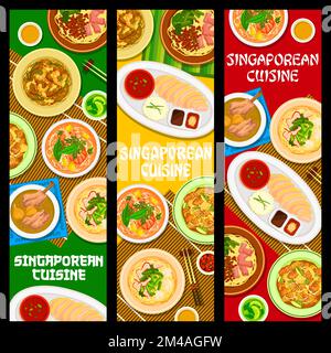 Banderoles, plats et repas de cuisine singapourienne, déjeuner ou dîner traditionnel asiatique vectoriel. Singapour cuisine riz authentique avec poulet, soupe de nouilles avec wontons et côtes de porc avec poulet Illustration de Vecteur