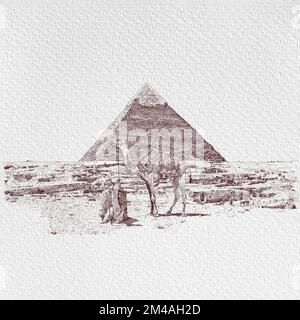 Chameau près des pyramides dans le désert chaud de l'Egypte, Camel repose près des ruines pyramide de l'Egypte, Egypte, illustration dessinée à la main, l'environnement fantasmes de l'Egypte, l'art Banque D'Images