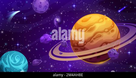 Paysage de l'espace de la galaxie de dessin animé. Fond cosmique vectoriel avec Saturne, Lune et planètes extraterrestres dans une galaxie pourpre avec des étoiles brillantes, des météorites et des astéroïdes dans le ciel. Scène de jeu extraterrestre, papier peint Illustration de Vecteur