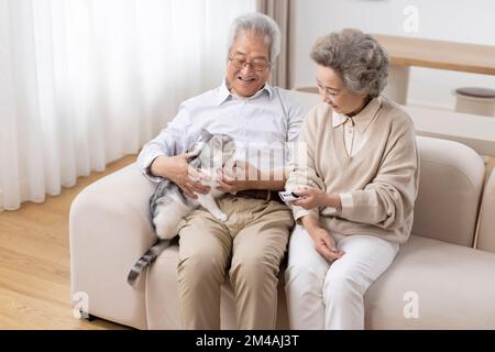 Couple chinois senior joyeux avec leur chat Banque D'Images
