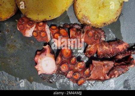 Savoureuse jambe d'octopus galicien grillé de style espagnol avec pommes de terre rôties et aïoli à l'ail Banque D'Images