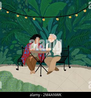 Image vectorielle d'un couple multiracial senior riche et joyeux, vêtu de vêtements chauds assis à table avec des tasses de café et regardant l'un l'autre près d'une plante luxuriante Banque D'Images