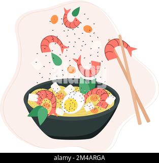 Nouilles udon aux œufs avec illustration vectorielle de fruits de mer. Cuisine asiatique Illustration de Vecteur