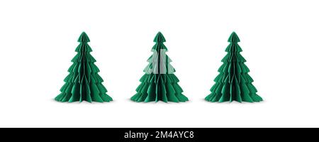 Une rangée d'arbres de Noël en papier isolés sur fond blanc. Banque D'Images