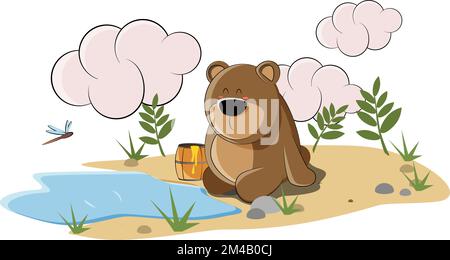 Un adorable ours est assis près du lac et mange du miel de son canon Illustration de Vecteur