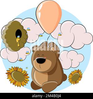 un adorable ours dans un ballon s'est envolé jusqu'au nid d'abeille pour voir s'il y a du miel là Illustration de Vecteur