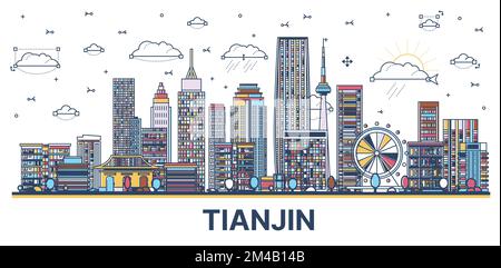 Aperçu Tianjin China City Skyline avec des bâtiments modernes de couleur isolée sur blanc. Illustration vectorielle. Paysage urbain de Tianjin avec des monuments Illustration de Vecteur