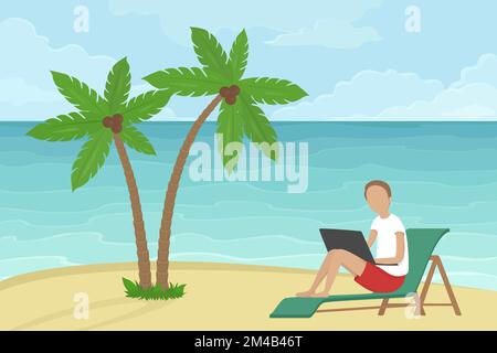 Indépendant assis dans une chaise longue sous des cocotiers et travaillant sur un ordinateur portable. Illustration vectorielle. Illustration de Vecteur