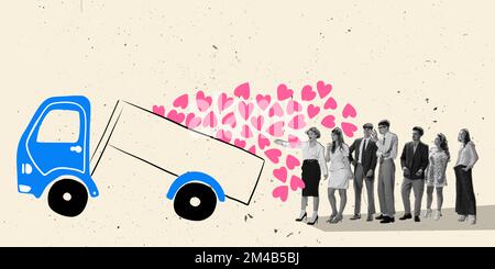 Groupe de jeunes heureux debout près d'un camion avec des coeurs dessinés. Design créatif pour la carte de vœux pour les fêtes de la Saint-Valentin. Collage artistique. Banque D'Images