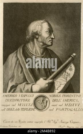 Portrait du marchand italien, explorateur et navigateur Amerigo Vespucci, illustration 1500s Banque D'Images