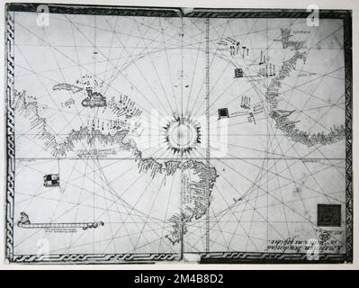 Carte nautique de l'océan Atlantique par le cartographe italien Viscount Maggiolo, 1519 Banque D'Images