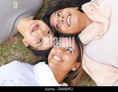 Visages, groupe et femmes couché sur le sol dans un parc pour le collage gai avec l'amour et le soin. Amitié, au-dessus de la tête et de la femme dans un jardin Banque D'Images