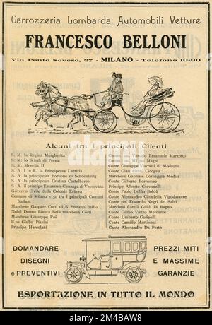 Publicité de journal vintage de Carrozzeria Lombarda Automobili Vetture, Italie 1910s Banque D'Images
