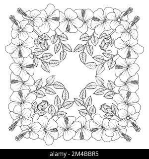 illustration de la page de coloriage des fleurs d'hibiscus avec les feuilles d'hibiscus hawaïen et la rose de contour de sharon Illustration de Vecteur