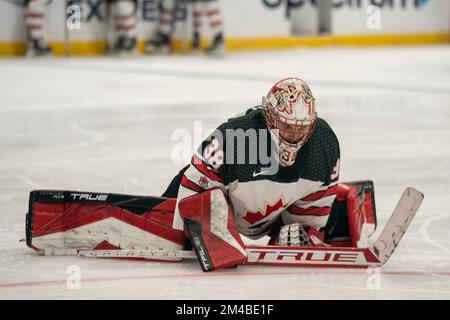 Emerance Maschmeyer, gardien de but d'équipe Canada (38) s'étire pendant la série de rivalité de 2022-23 contre les États-Unis d'Amérique, lundi, 19 décembre, 202 Banque D'Images