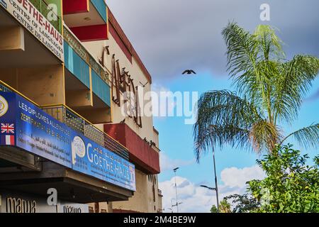 Pigeons volant dans une rue marocaine Banque D'Images