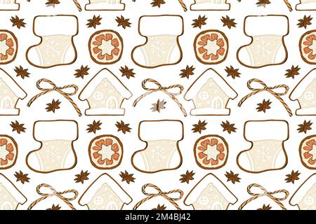 Motif de Noël sans coutures. Motif avec éléments de Noël sur fond blanc. Design pour l'emballage, le textile et la toile. Banque D'Images